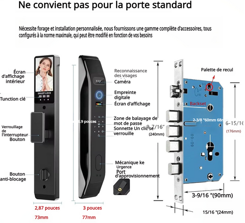 Serrure intelligente à reconnaissance faciale 3D, avec caméra vidéo intégrée, Wi-Fi intégré, contrôle via application, kit de déverrouillage par empreinte digitale incluant cylindre et pêne dormant