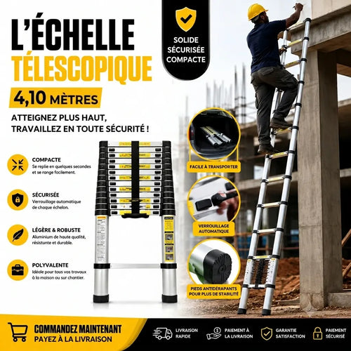Echelle Télescopique Polyvalente 4,10M – Légère, Sécurisée et Facile à Ranger 🔧 : Promo 24H