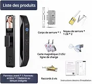 Serrure intelligente à reconnaissance faciale 3D, avec caméra vidéo intégrée, Wi-Fi intégré, contrôle via application, kit de déverrouillage par empreinte digitale incluant cylindre et pêne dormant