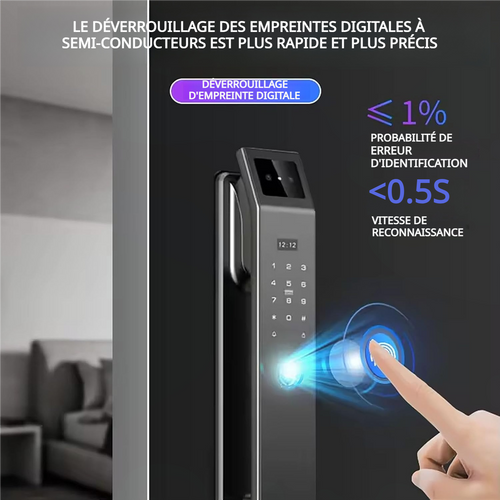 Serrure intelligente à reconnaissance faciale 3D, avec caméra vidéo intégrée, Wi-Fi intégré, contrôle via application, kit de déverrouillage par empreinte digitale incluant cylindre et pêne dormant