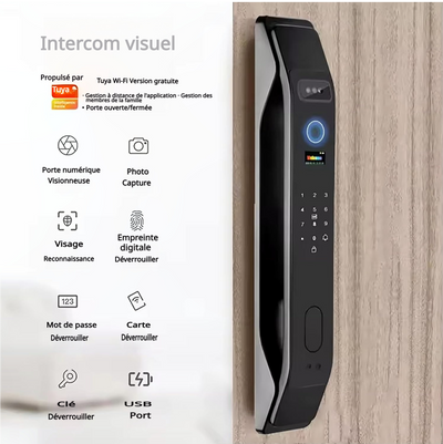 Serrure intelligente à reconnaissance faciale 3D, avec caméra vidéo intégrée, Wi-Fi intégré, contrôle via application, kit de déverrouillage par empreinte digitale incluant cylindre et pêne dormant